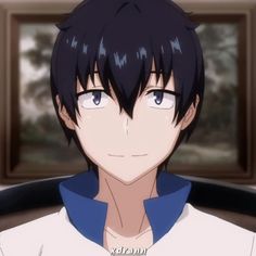 an anime character with black hair and blue eyes