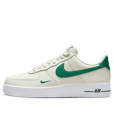 Nike celebrates the 40th anniversary of the Air Force 1 Low with this commemorative style. Featuring a classic “Sail” upper made with tumbled leather and “Malachite” details, this sneaker is presented in a timeless design that pays homage to its historic lineage. The heel counter sports a small embossed “40” surrounded with star icons and gold eyelets and lace dubrae add to the regal appeal. The insole of the shoe is marked with “82-22” for an additional nod to mark this special moment in time. A simple yet stylish style, the Nike Air Force 1 Low ’07 LV 8 40th Anniversary Sail Malachite sneaker will be an instant classic. (AF1/SNKR/Skate/Men's/Low Top/Classic/Non-Slip/Wear-resistant) Classic Nike Air Force 1 With Gum Sole, Skate Man, Air Force 1 Low, Stylish Sneakers, 40th Anniversary, Air Force 1, Nike Air Force, Perfect Pair, Crochet Bag