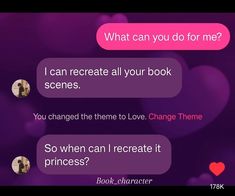 two texts that are in different languages on a purple background with hearts and the words, what can you do for me? i can recate all your book scenes