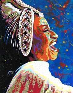 a painting of a native american woman wearing a headdress and looking up at the sky