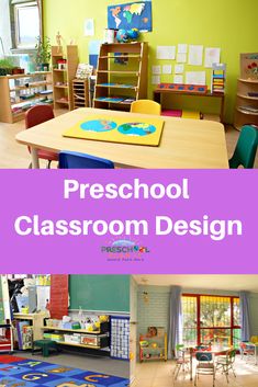 a classroom with tables, chairs and desks for children to sit at the table