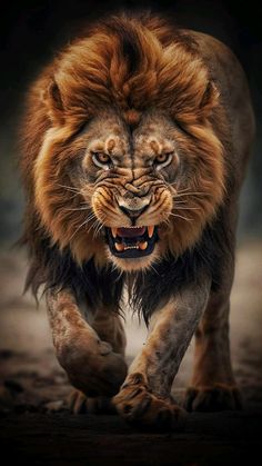 a close up of a lion walking on a dirt ground with it's mouth open