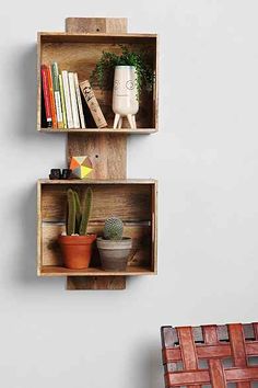 two wooden shelves with plants and books on them, one shelf is made out of wood