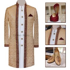 wedding white sherwani for groom Gold Kurta With Intricate Embroidery Unstitched, Unstitched Gold Kurta With Intricate Embroidery, Gold Sherwani With Dupatta For Transitional Season, Gold Sherwani With Dupatta For Festive Occasions, Transitional Gold Sherwani With Dupatta, Festive Gold Sherwani With Intricate Embroidery, Transitional Gold Bandhgala With Dupatta, Traditional Gold Sets With Gold Embroidery, Gold Nehru Jacket With Dupatta For Eid