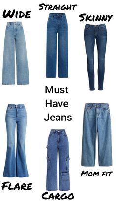 Types of jeans you must have Baggy Jeans From Meesho, Jeans You Must Have, Essential Jeans Women, Different Jeans Types, Types Of Pants For Women With Names, Basic Jeans Must Have, Jean Types Chart, Jeans Must Have, Perfect Jeans For Your Body Type