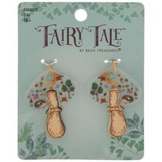 pair of fairy tale earrings with mushrooms on the front and back of each earring