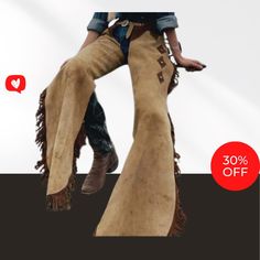 Handmade Suede Leather Pant Chaps in the Rodeo Cowboy Style for Mountain Cowgirl Western Cowboy chaps Synopsis and Highlights A genuine, excellent-quality, and reasonably priced item. You can purchase a genuine leather goods for just a few dollars more, and since we never skimp on quality, you can shop with complete assurance. expertly crafted and produced, paying close attention to Men's Fringed Leather Pants in a Western Suede Style. Every color is available upon request. * Type of Size: Regul Chaps Sweater Woman, Brown Bottoms For Festival, Vintage Brown Bottoms For Festival, Mountain Cowgirl, Cowgirl Chaps, Cowboy Chaps, Few Dollars More, Western Pants, Normal Style