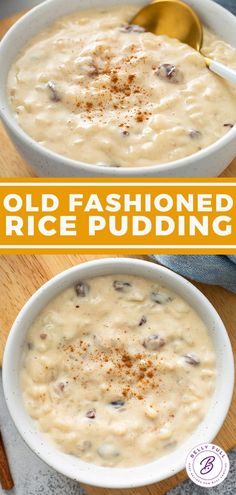 two bowls of old fashioned rice pudding with spoons