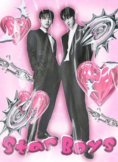 two men in suits standing next to each other with hearts and stars around them on a pink background