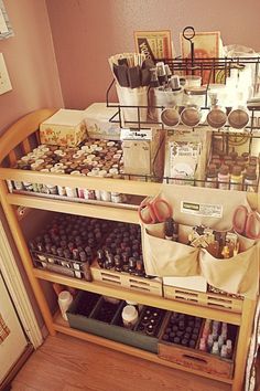 an assortment of craft supplies on display in a room