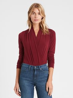 Wrap-Front Thong Bodysuit | Banana Republic Post Baby, Stretch Top, Neck Wrap, Delicate Details, Jersey Fabric, Cowl Neck, Pretty Things, Knit Jersey, Work Outfit