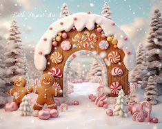 a christmas scene with gingerbreads and candy canes in the foreground is an arch