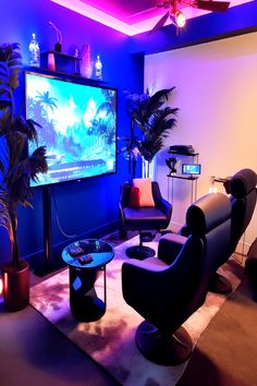 Futuristic game room illuminated in neon blue with a large screen, modern chairs, and tropical plants for ambiance. Podcast Room, Vibe Board, Awkward Wedding Photos, Gaming Lounge, Atmospheric Lighting