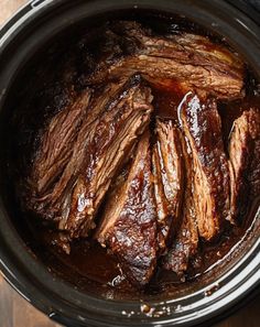 the meat is cooked in the slow cooker