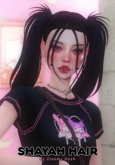 an animated image of a woman with long hair and piercings on her head, wearing a black t - shirt