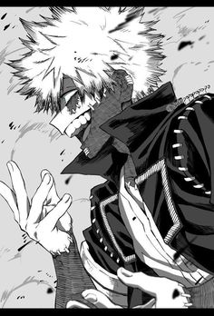 an anime character in black and white holding his hand up