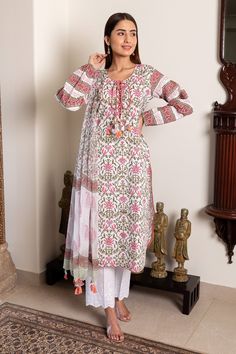 Off-white and pink cotton Mughal garden block print kurta. Paired with printed dupatta and pant.
Component: 3
Pattern: Embroidered, Printed
Type Of Work: Chikankari, Block print
Neckline: Round
Sleeve Type: Full sleeves
Fabric: Cotton, Chiffon
Color: White,Pink
Other Details: 
Chikankari work pant
Tie up neck
Elasticated cuffs
Occasion: Work, Mehendi and Haldi - Aza Fashions Cotton Silk Lawn Suit With Block Print Straight Kurta, Cotton Silk Lawn Suit With Block Print, Traditional Cotton Silk Lawn Suit With Block Print, Festive Pink Block Print Palazzo Set, White Floral Print Dupatta For Navratri, Pink Chanderi Salwar Kameez With Floral Print, Pink Anarkali Block Print Palazzo Set, Pink Floral Chanderi Salwar Kameez, Bohemian Pink Block Print Sets