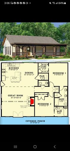 the floor plan for a small cabin home with two levels and an open living area