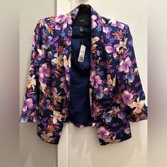 Forever 21 Floral Carrer Jacket Sz Medium Very Lightweight No, With Tags Comes From A Non-Smoking Home . Purple Long Sleeve Summer Outerwear, Long Sleeve Purple Summer Outerwear, Purple Floral Print Long Sleeve Outerwear, Summer Fitted Purple Outerwear, Fitted Purple Summer Outerwear, Military Inspired Jacket, Hot Pink Blazers, Satin Blazer, Lightweight Blazer