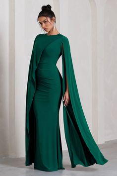 Magdelena Bottle Green Asymmetric Cape Maxi Dress – Club L London - USA Asymmetric Cape, Green Maxi Dress, Club L London, Green Maxi, Black Tie Wedding, Information Design, Bottle Green, Maxi Dress Green, Good Stretches