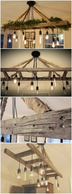 several different pictures of light bulbs hanging from the ceiling and wood planks on the ceiling