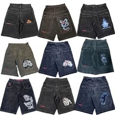 Introducing our unique collection of men's graphic denim shorts. Each pair features bold and intricate designs on the back pockets, ranging from fiery flames and serpents to dice and fierce bulldogs. Crafted from high-quality denim, these shorts are designed to provide both style and comfort. Perfect for making a statement, these shorts are ideal for casual outings, festivals, or any occasion where you want to stand out. With a variety of colors and graphics to choose from, there’s a pair to match every personality. Jhorts Men Outfit Y2k, Jnco Shorts Outfit, Jnco Shorts, Skateboard Pants, Jorts Y2k, Shorts Streetwear, Harajuku Men, Thrift Inspo, Vintage Denim Shorts