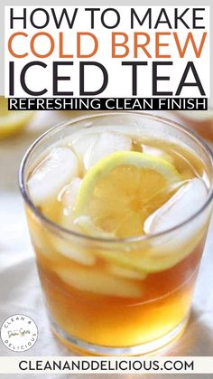 a glass filled with iced tea and lemon slices