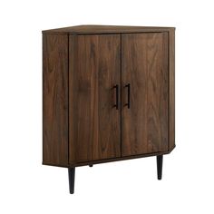 a wooden cabinet with two doors and black legs