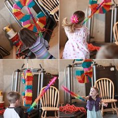 four pictures of two children playing with yarn and paper streamers in the living room