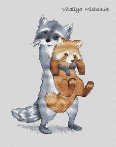 the cross stitch pattern shows two raccoons hugging each other