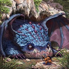 a painting of a blue dragon laying on the ground