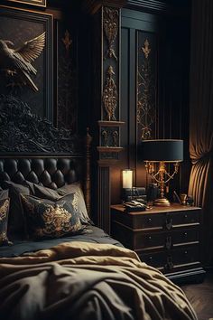 a bedroom with black walls and gold accents