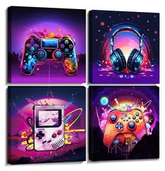 four different video game artwork on canvases with headphones in the middle and an electronic device at the bottom