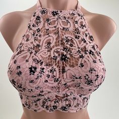 Victoria's Secret Pink Padded Halter Push-Up Bra Pink W/ Black Floral Xl Nwt Pink Top With Built-in Bra For Night Out, Pink Lace Crop Top For Party, Pink Fitted Lace Crop Top, Pink Halter Neck Crop Top With Built-in Bra, Fitted Pink Bra For Night Out, Feminine Pink Crop Top For Night Out, Pink Feminine Bra Friendly Top, Pink Feminine Bra-friendly Tops, Feminine Pink Bra-friendly Tops