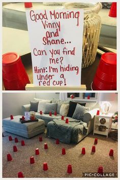 two pictures side by side with red cups on the floor and a sign that says good morning vinyl shade can you find me? hint i'm hiding under a red cup