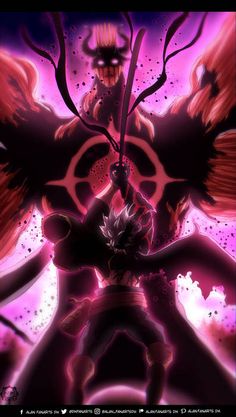 an anime character holding two swords in front of purple and pink background with black accents