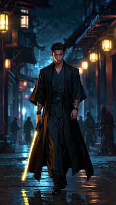 a man in black robe holding a light saber walking down a dark street at night