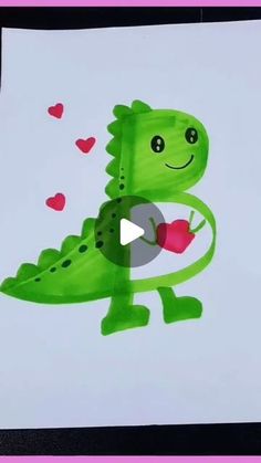 a drawing of a green alligator holding a heart