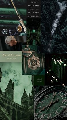 a collage of harry potter images including hogwart's clock, slyry houses and other things