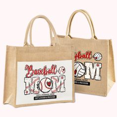 two bags with baseball mom designs on them