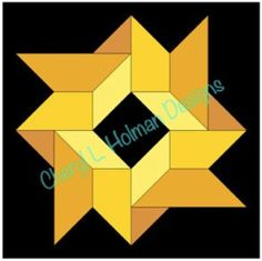 the star quilt block is shown in yellow and black, with an arrow on it