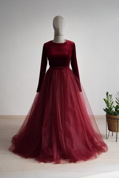 Silk Hayal Tulle With Top Burgundy Lux Velvet Long Sleeve | Etsy Orange Dress Wedding, Deep Red Wedding, Conservative Style, Burgundy Wedding Dress, Sleeve Bridesmaid Dress, Wine Red Wedding, Orange Gown, Bridesmaid Dresses Floor Length, Long Sleeve Bridesmaid Dress