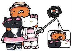 an image of a hello kitty and her cat friend taking a selfie with a camera