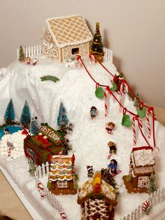 a christmas scene with gingerbread houses and candy canes