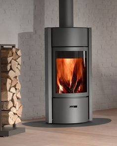 a wood burning stove with logs in the background