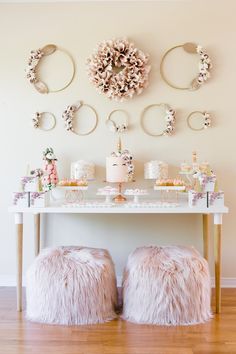 an instagram photo with two stools and some decorations on the wall above it