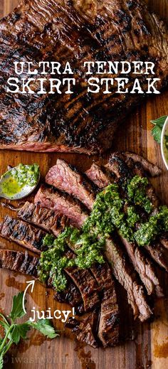 the steak is sliced up and ready to be served with sauces on it's side