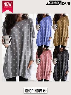 Women Polka Dot Printed Top Round Neck Long Sleeve T-shirt Polka Dot Long Sleeve Top With Relaxed Fit, Long Sleeve Polka Dot Top With Relaxed Fit, Polka Dot Long Sleeve Top For Fall, Polka Dot Cotton Top For Fall, Top Round, Polka Dot Print, Chic Woman, Dot Print, Shoulder Sleeve