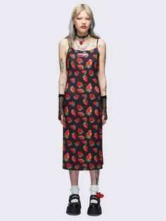 Prepare to turn heads with our Strawberry Bomb Cami Maxi Dress in black. Featuring an all over strawberry print, this dress is your ticket to Y2K sweetness with a bang! Shop now at Minga London! Strawberry Prints, Strawberry Outfit, Minga London, 2000s Clothing, Asian Streetwear, Y2k Early 2000s, Strawberry Dress, Cami Maxi Dress, Shrug Cardigan