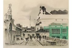 this is a drawing of people walking in front of a train station